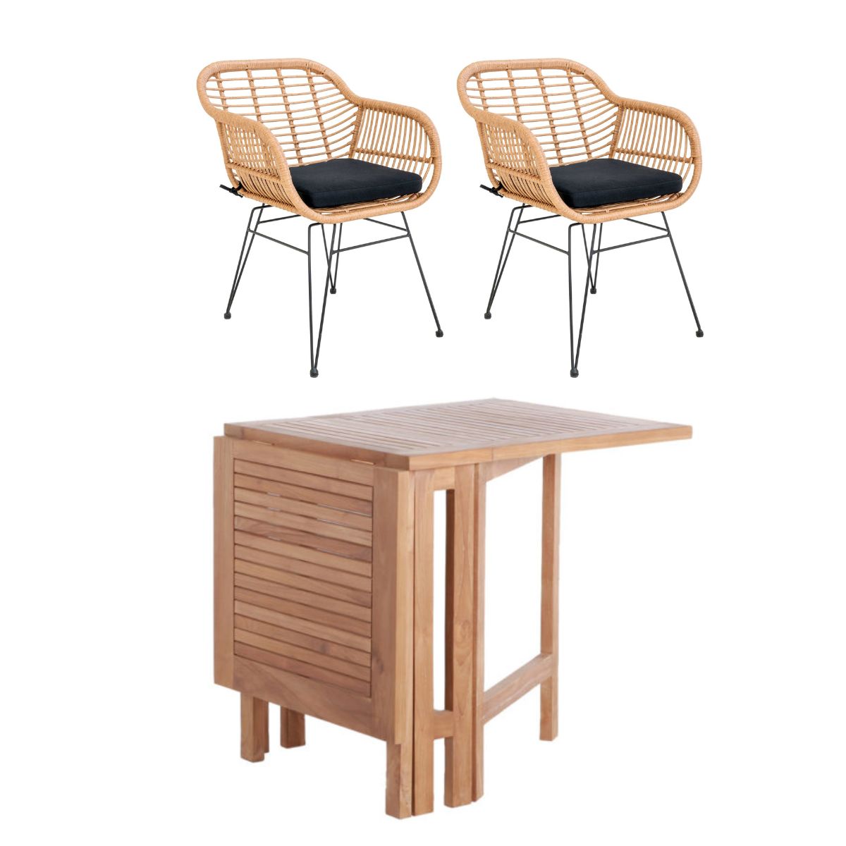 Bella bord 64x75/130 cm + 2 Trieste stole natur i polyrattan og kerneteak - Altan / cafesæt