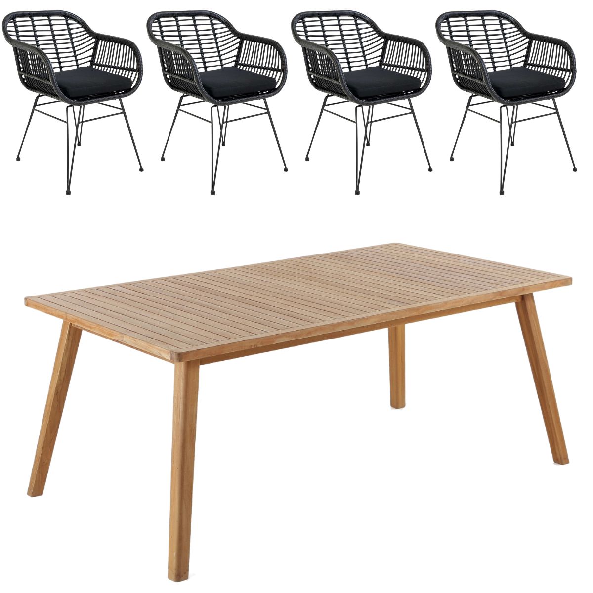 Bistro bord 180x100 cm + 4 Trieste stole sort i polyrattan og kerneteak - Havemøbelsæt