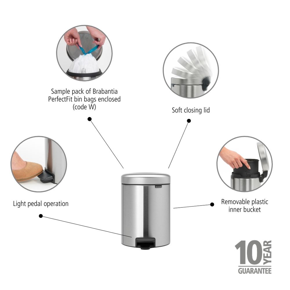 Newicon Pedalspand 5L Matt Steel Fingerp