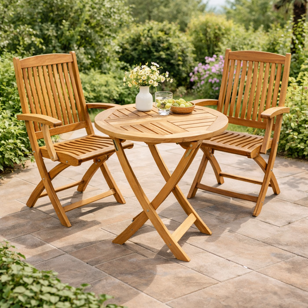 Cafésæt Boston - bord Ø70 cm. og 2 foldestole med armlæn - kerneteak