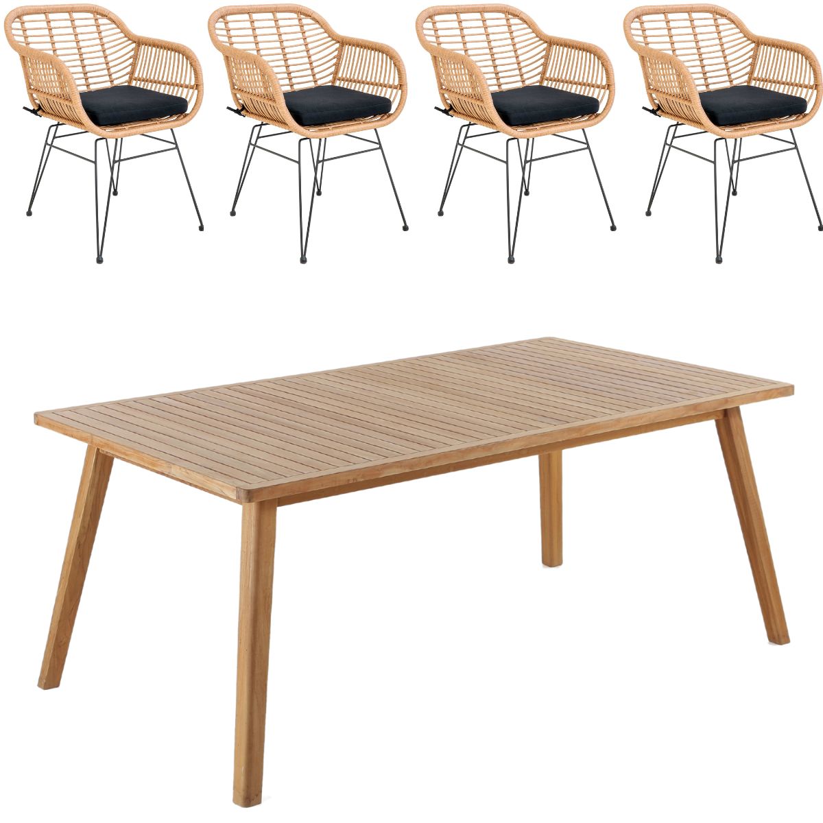 Bistro bord 180x100 cm + 4 Trieste stole natur i polyrattan og kerneteak - Havemøbelsæt