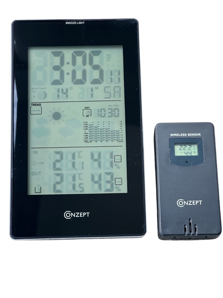 Vejrstation med udendørs termometer, alarm, kalender