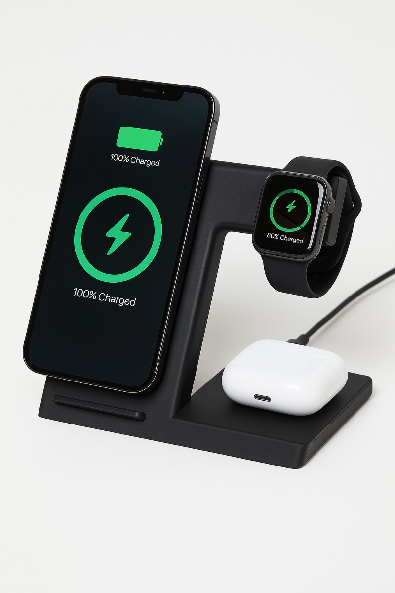 Mobiloplader trådløs 3-i-1 med USB-C kabel