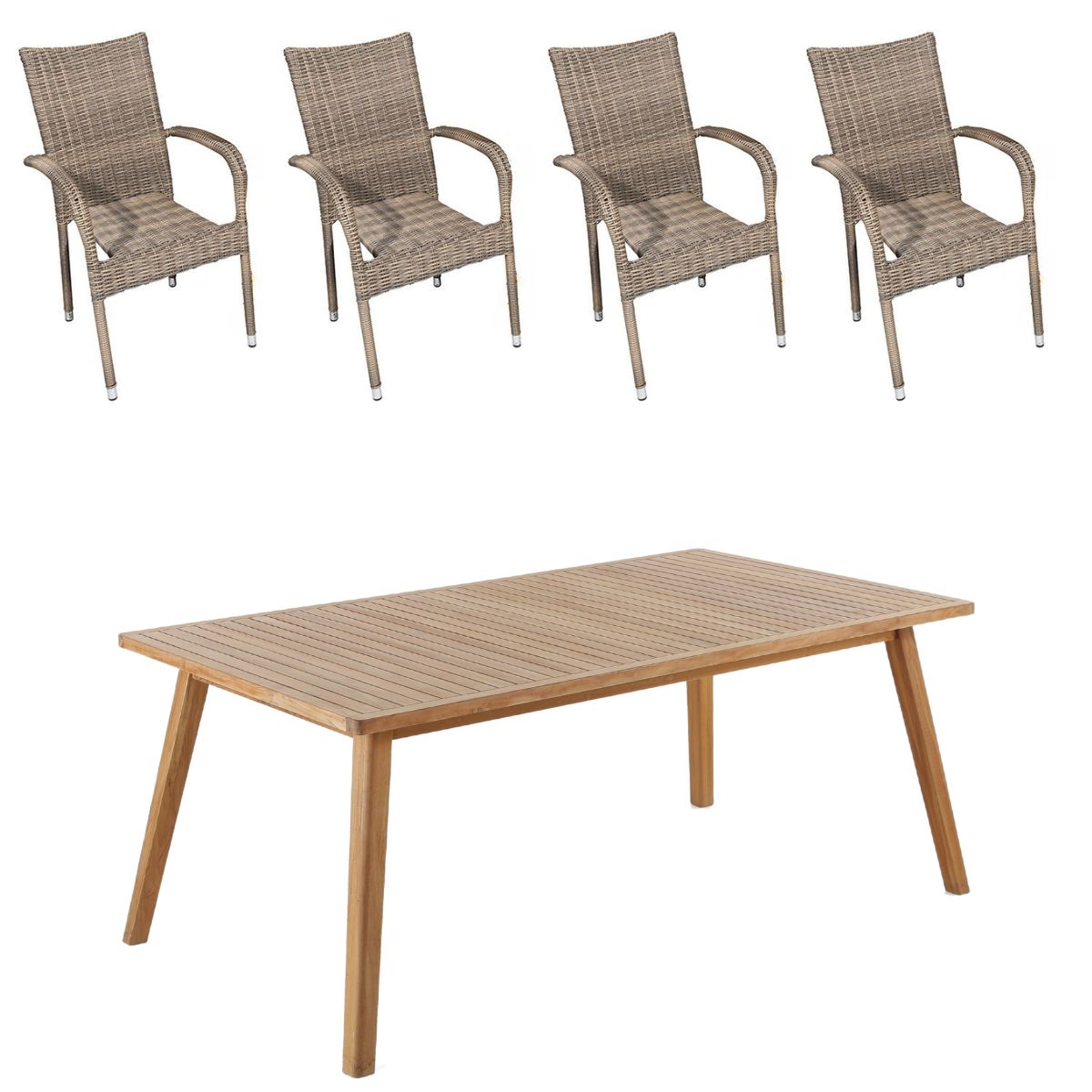 Havemøbelsæt - Bistro bord 180x100 cm. og 4 David stabelstole i kerneteak og polyrattan