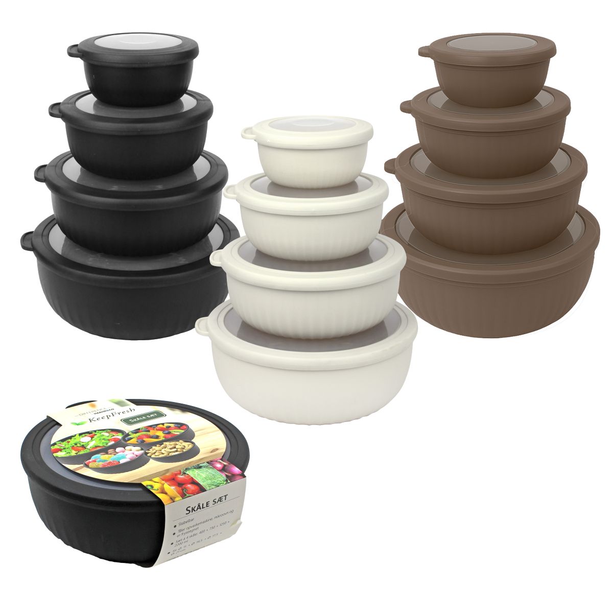 Skålesæt plast med låg rund 400+730+1250+2200 ml. assorteret 
