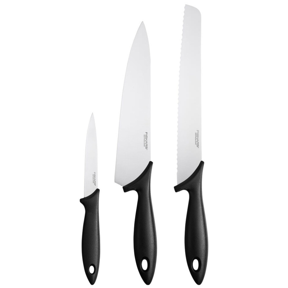Fiskars Essential Knivsæt 3 dele - brødkniv, kokkekniv, grøntsagskniv