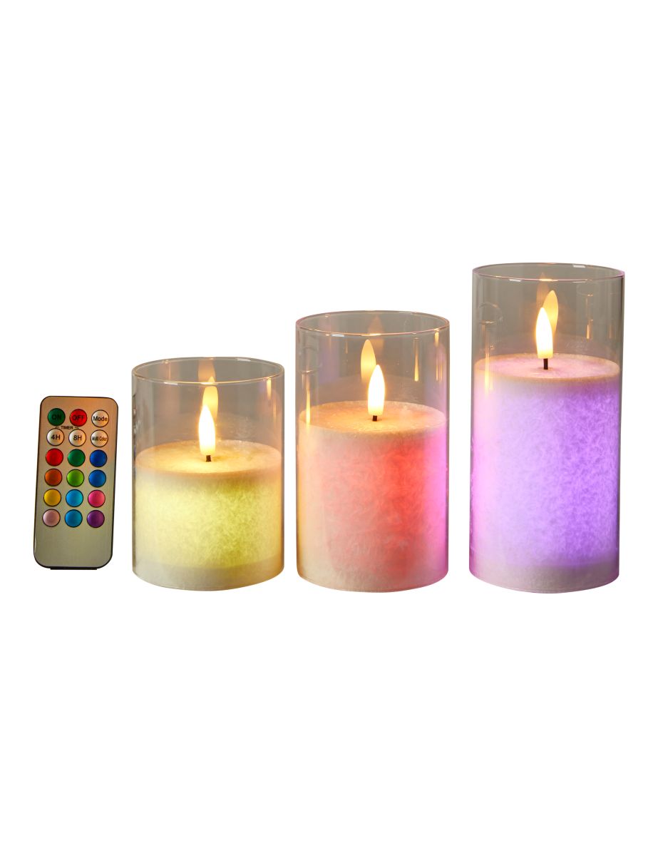 LED Cylinder glas sæt med 3 Ø7,5 H10/12,5/15  multicolor