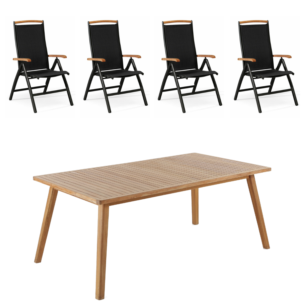 Havemøbelsæt - Bistro bord 180x100 cm. og 4 Nyborg positionsstole i aluminium og kerneteak