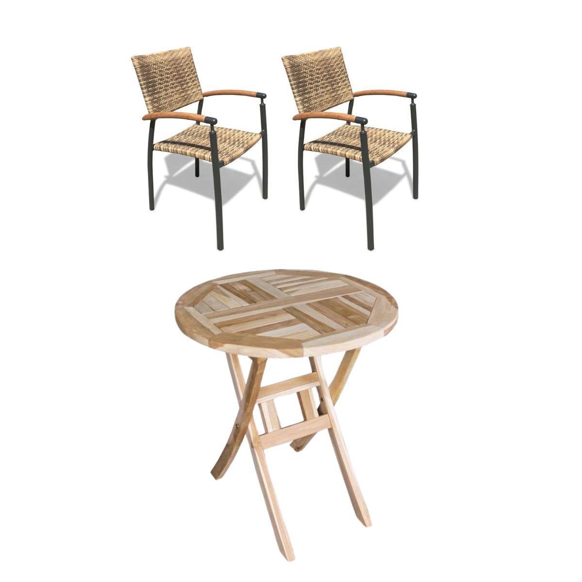 Houston bord Ø66 cm + 2 Era stabelstol i flet og classic teak - Altan / cafesæt