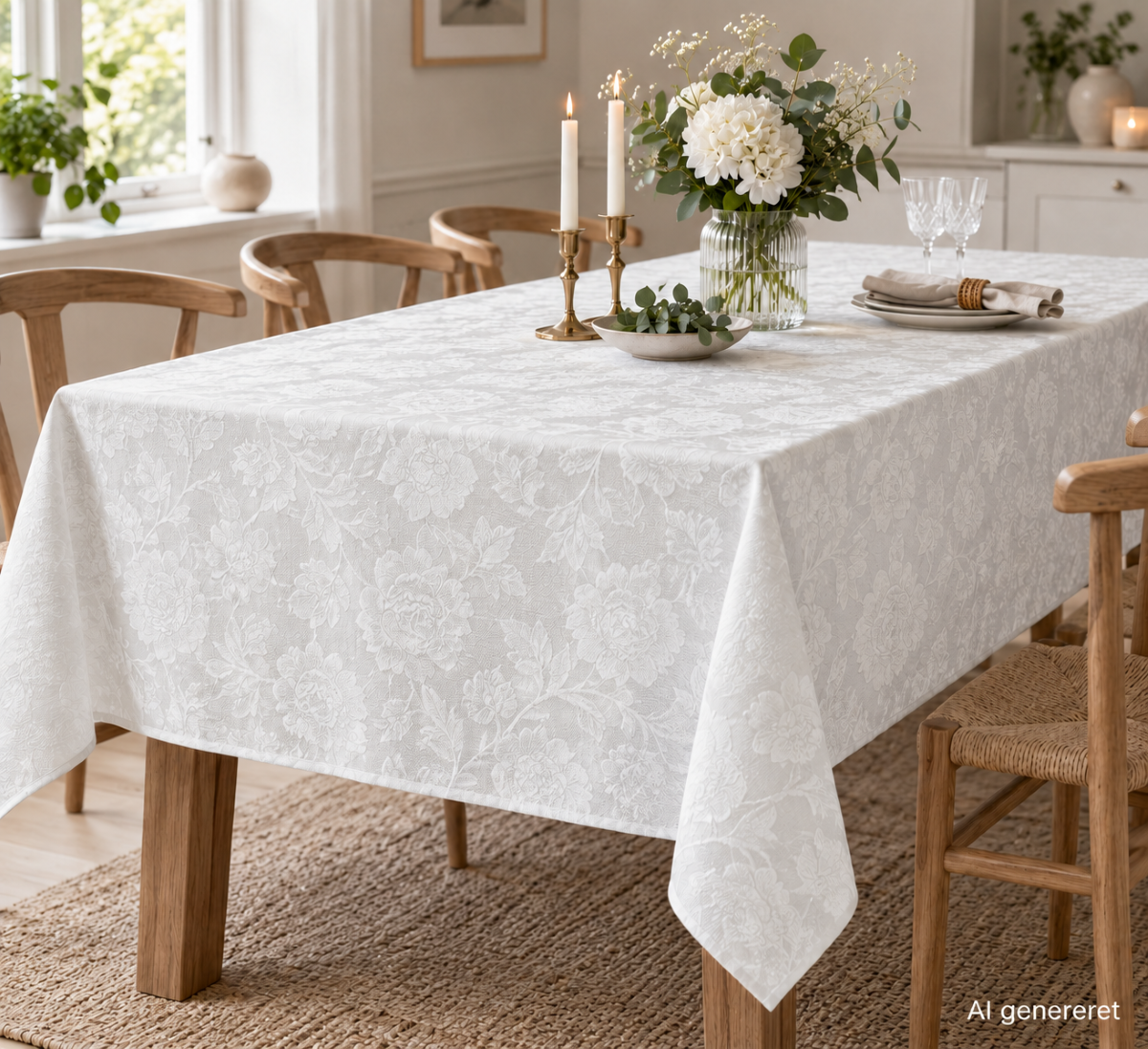 Jacquard Dug med blomstermotiv 140x180 cm. hvid bomuld