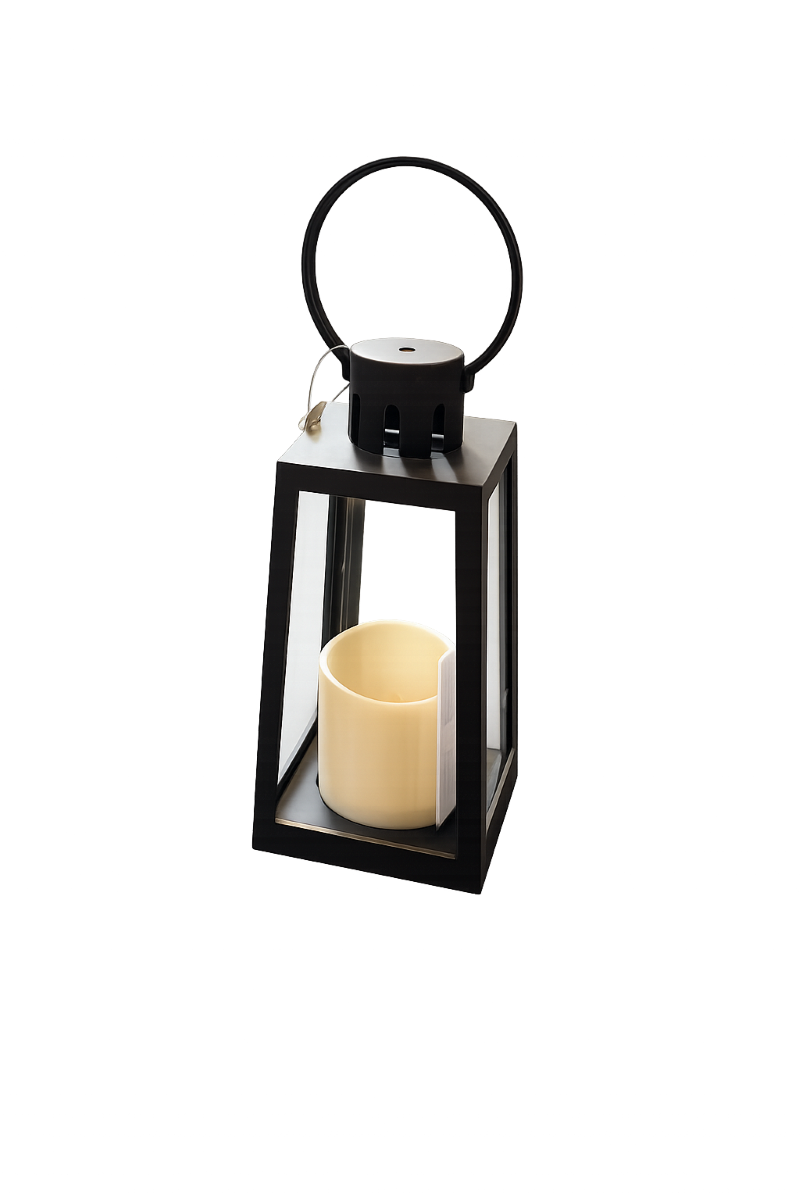 Lanterne med LED bloklys og timer H20 cm. sort