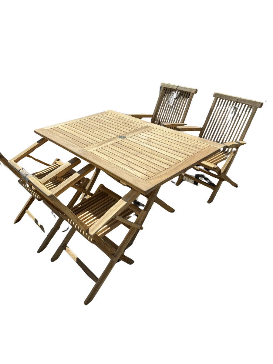 Houston bord 135x80 cm + 4 Houston foldestol med armlæn i classic teak - Havemøbelsæt