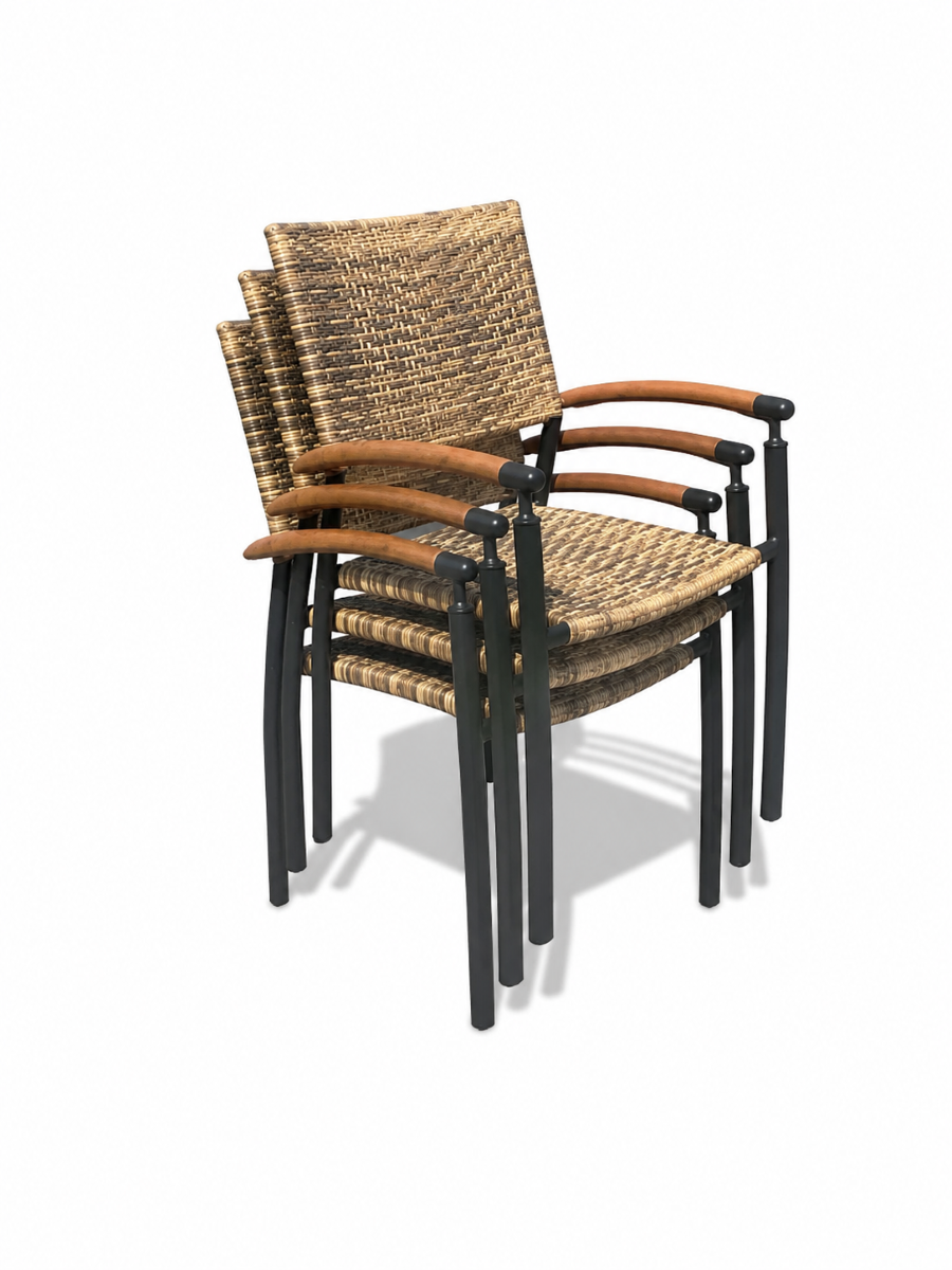 Houston bord 135x80 cm + 4 Era stabelstol i flet og classic teak - Havemøbelsæt
