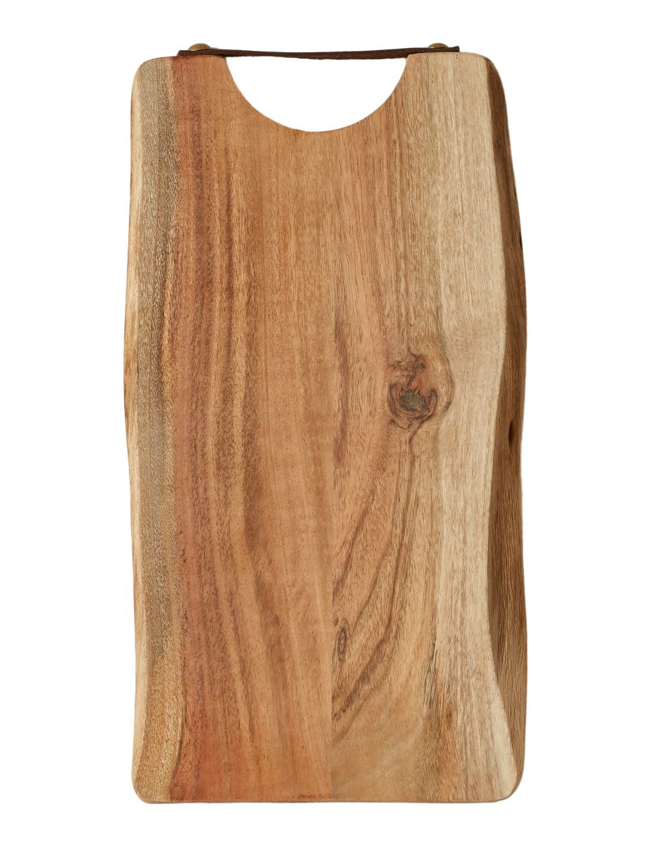Skærebræt 38x20 cm. i olieret akacie træ med læderhåndtag