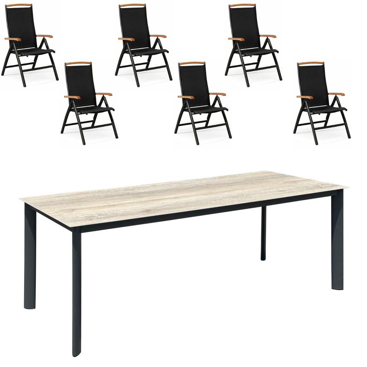 Vedbæk bord 200x90 cm + 6 Nyborg positionsstole i sort og teak - Havemøbelsæt