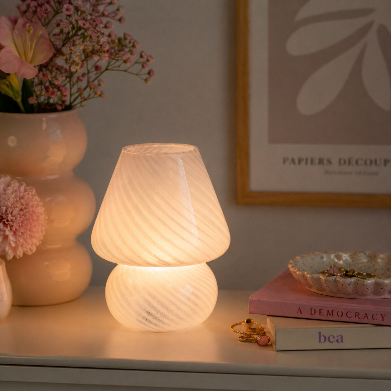 Bordlampe til batteri glas strib rosa Ø17xH21,5 cm.