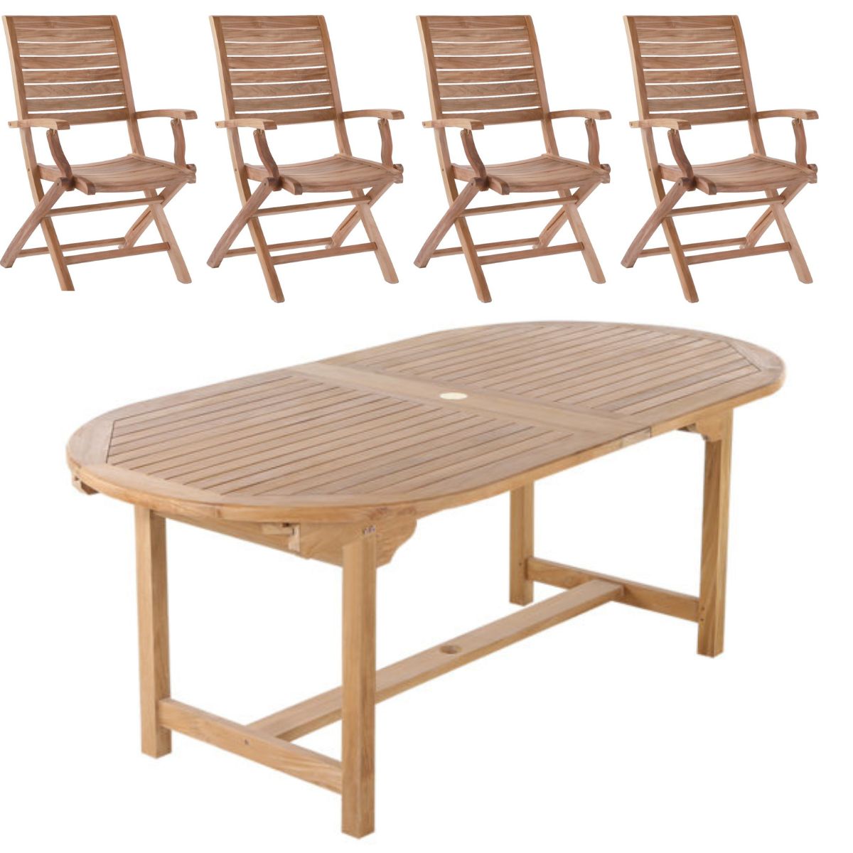 Havemøbelsæt -  Vina bord 100x200-300 cm. og 4 Paris stole i kerneteak