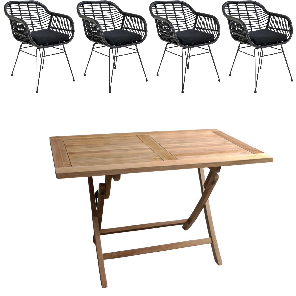 Houston bord 135x80 cm + 4 Trieste stol sort i polyrattan og classic teak - Havemøbelsæt