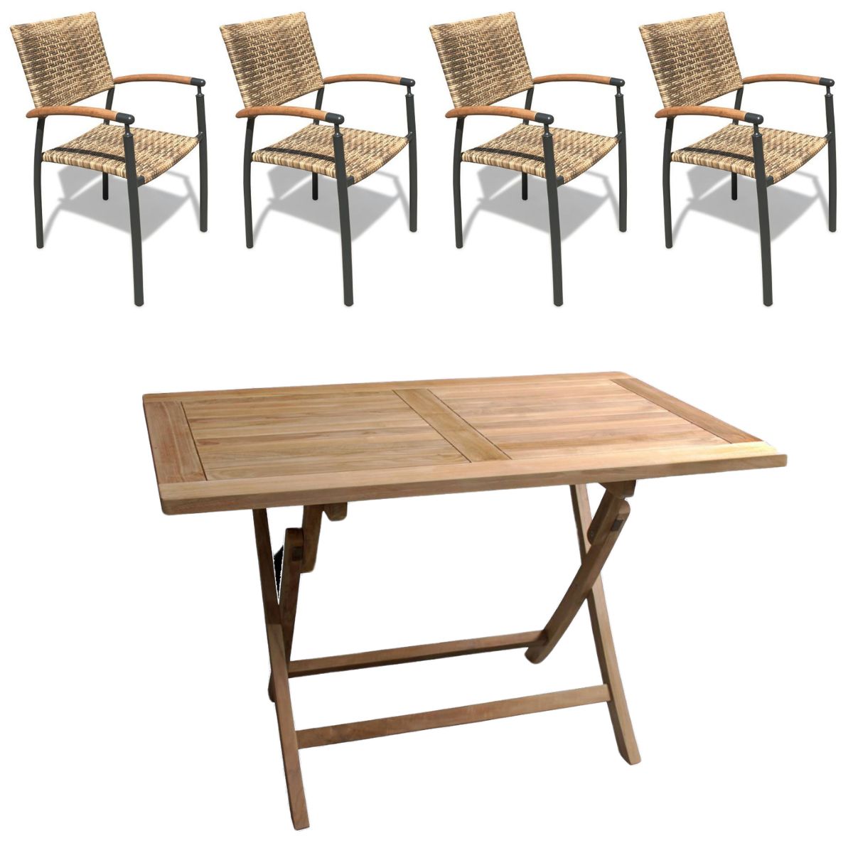 Houston bord 135x80 cm + 4 Era stabelstol i flet og classic teak - Havemøbelsæt