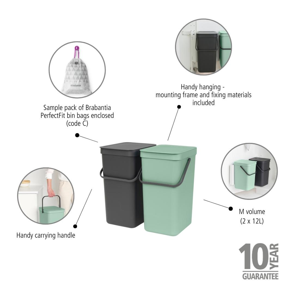 Affaldssortering indbygningssystem 2x12l Grey/Jade Green
