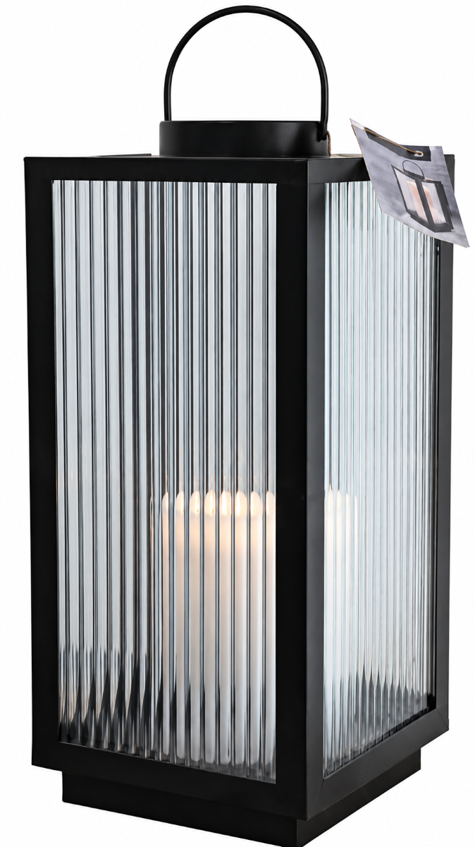 Lanterne i riflet glas med LED-bloklys 28 cm. 