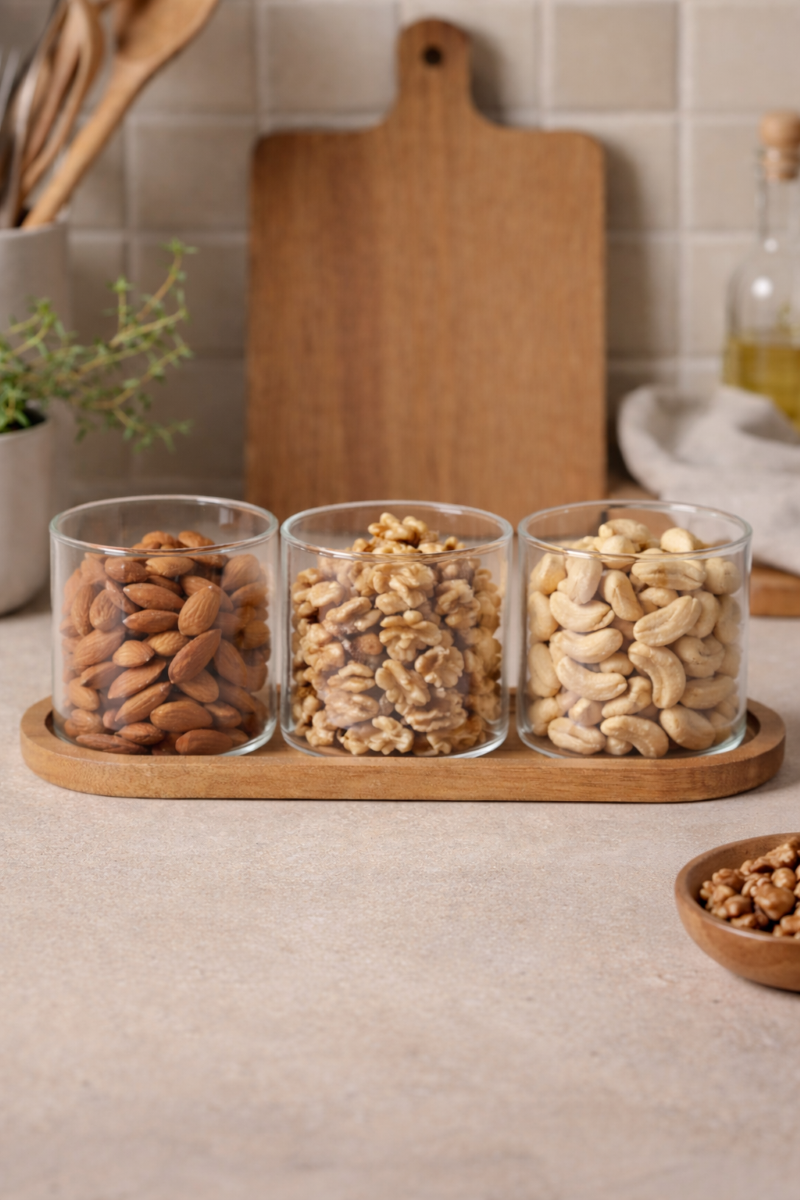 Akacie fad med 3 glas skåle