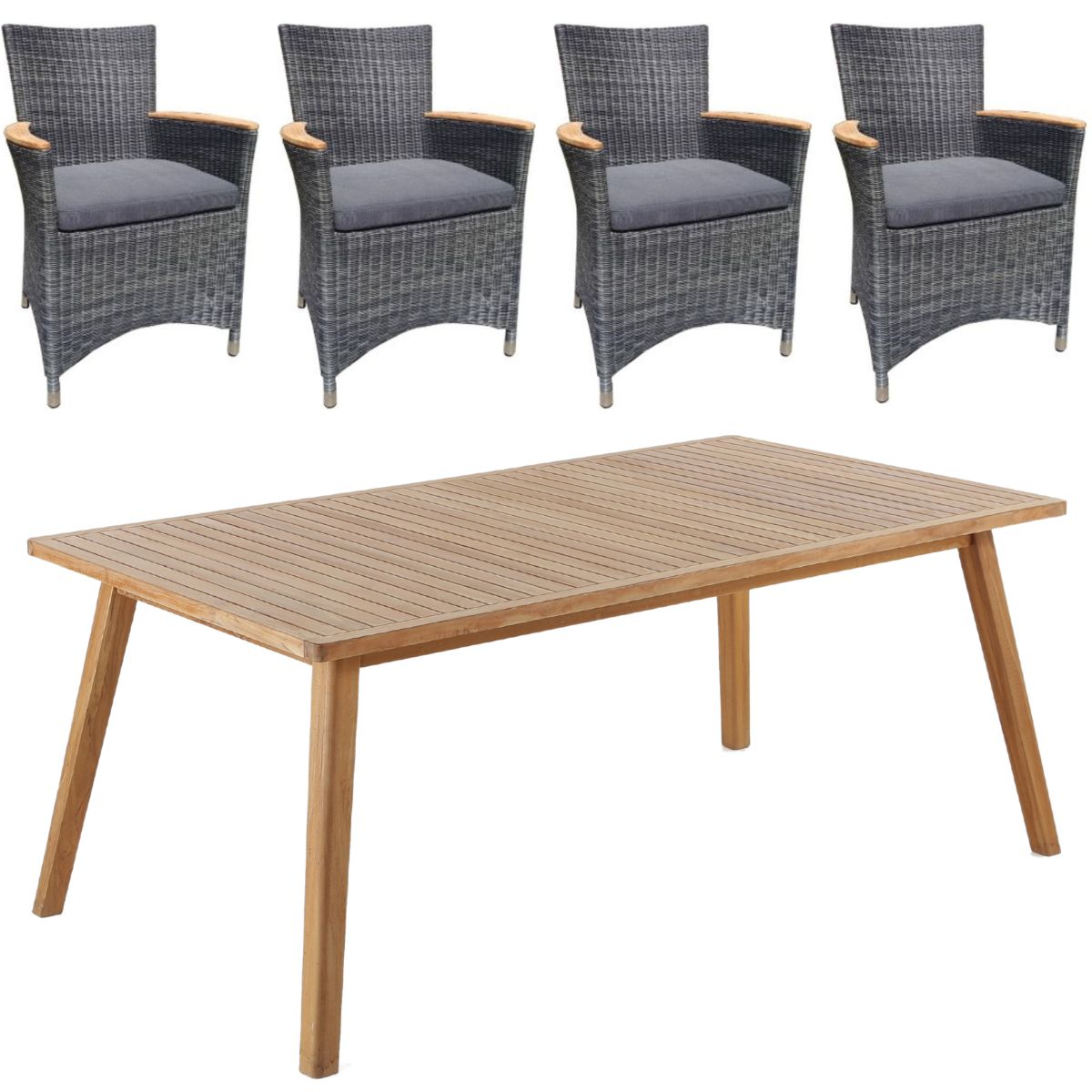 Bistro bord 180x100 cm + 4 Boston stole i polyrattan og kerneteak - Havemøbelsæt