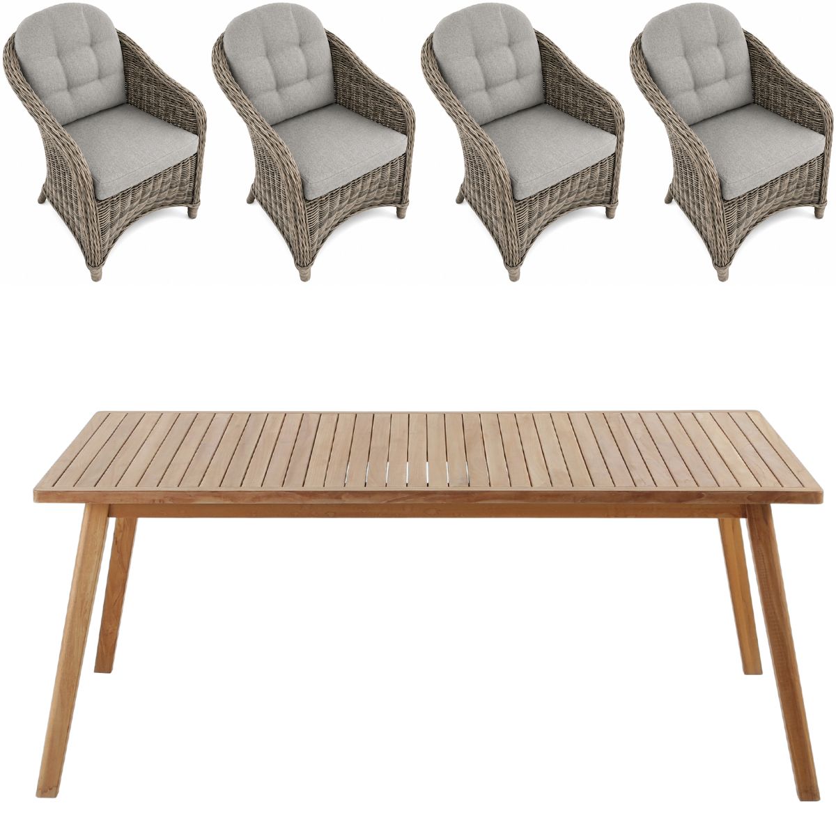 Bistro bord 180x100 cm + 4 Fanø stole m. rund ryg i polyrattan og kerneteak - Havemøbelsæt