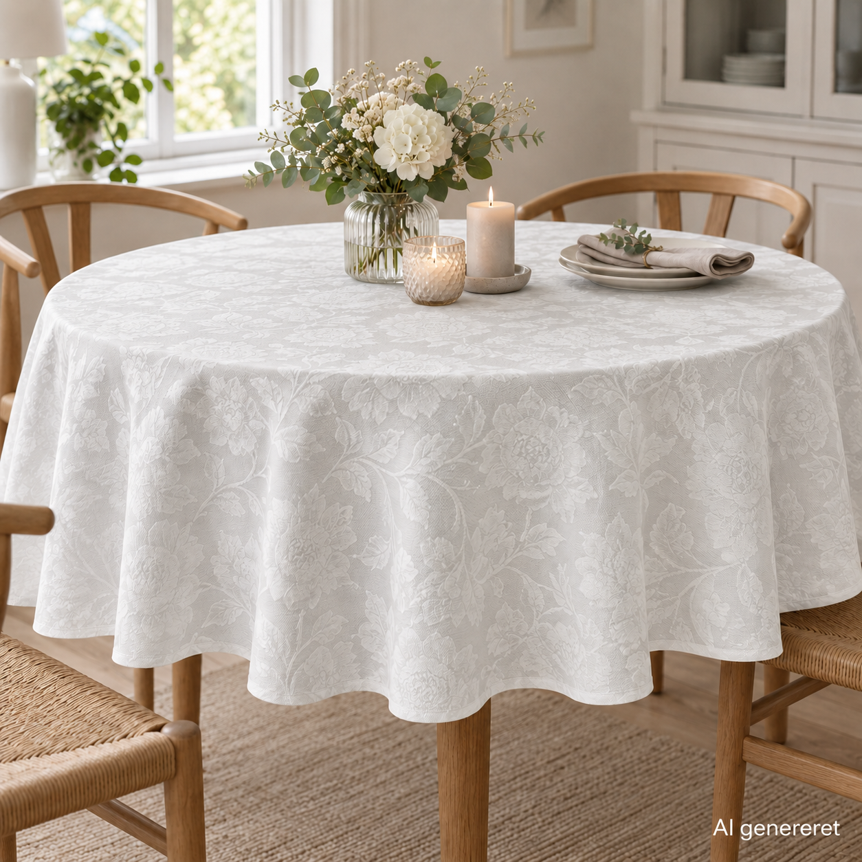Dug Jacquard Blomst Ø140cm. bomuld hvid
