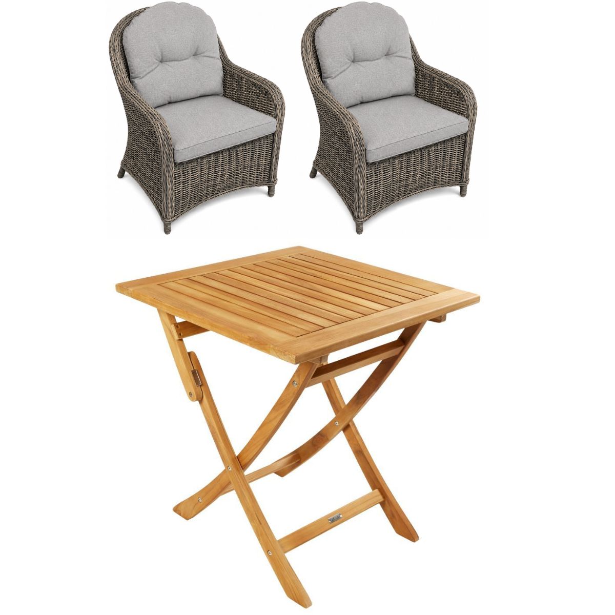 Boston bord 70x70 cm + 2 Fanø stole m. firk. ryg i polyrattan og kerneteak - Altan / cafesæt
