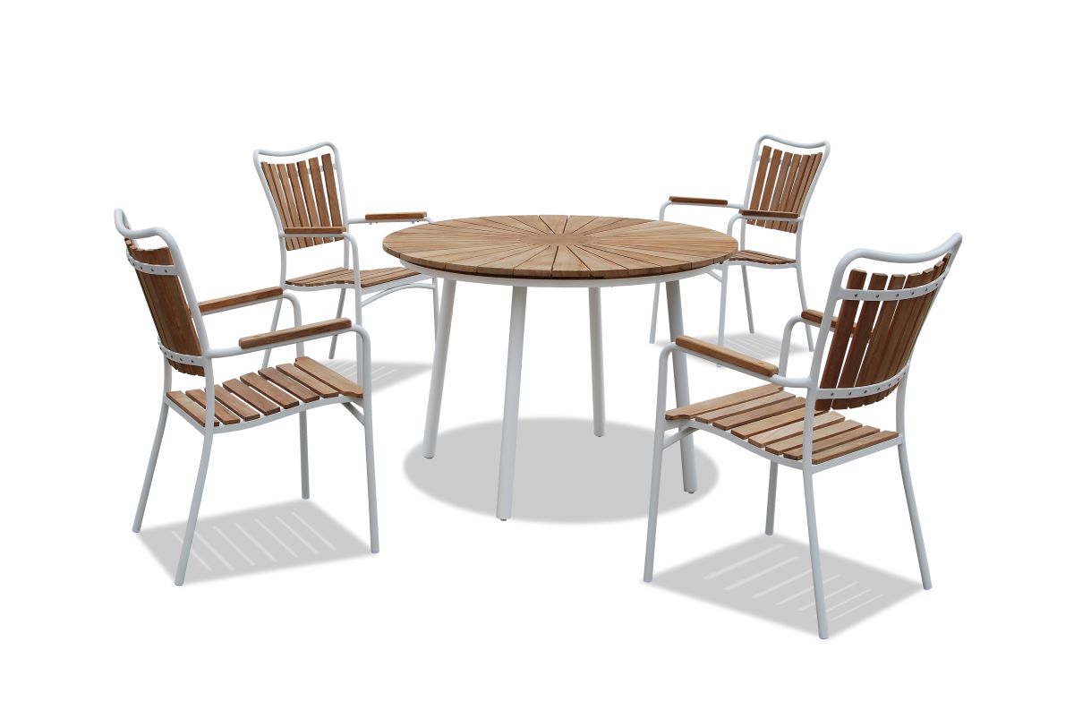 Havemøbelsæt Home - bord Ø 110 cm og 4 stabelbare stole - i hvid aluminium og kerneteak