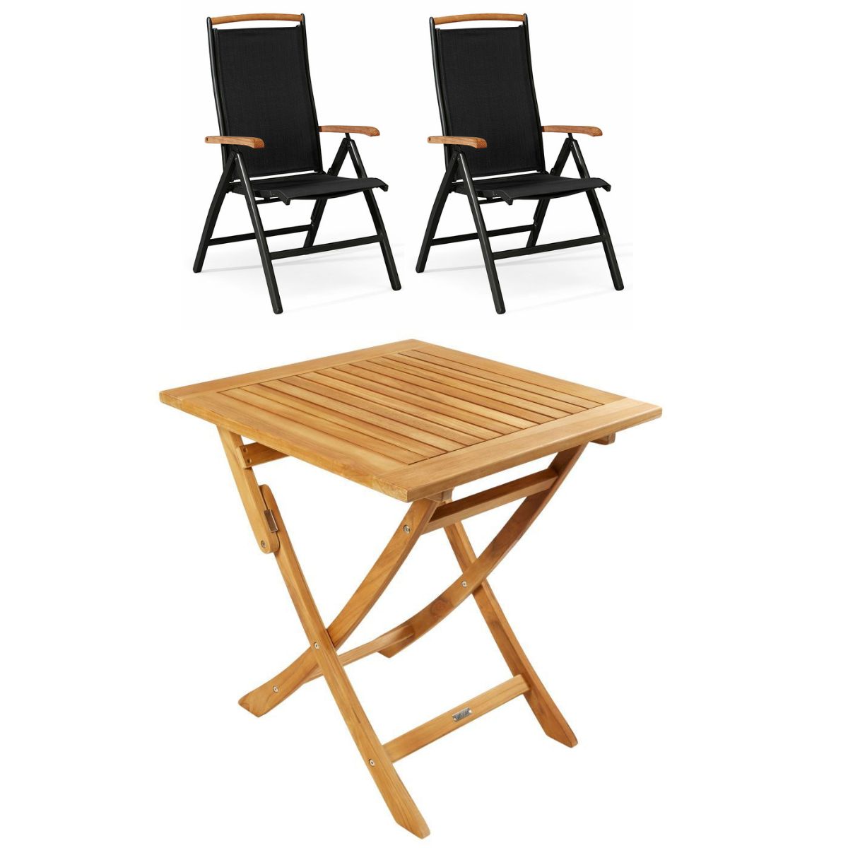 Boston bord 70x70 cm + 2 Nyborg positionsstole i aluminium og kerneteak - Altan / cafesæt