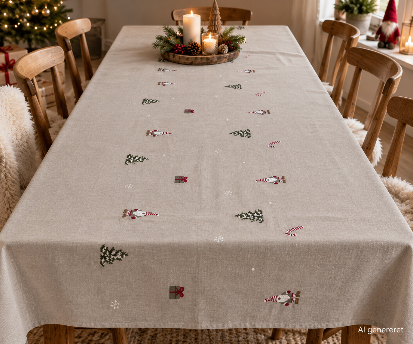 Juledug med broderet mønster genbrugsbomuld 140x320 cm.