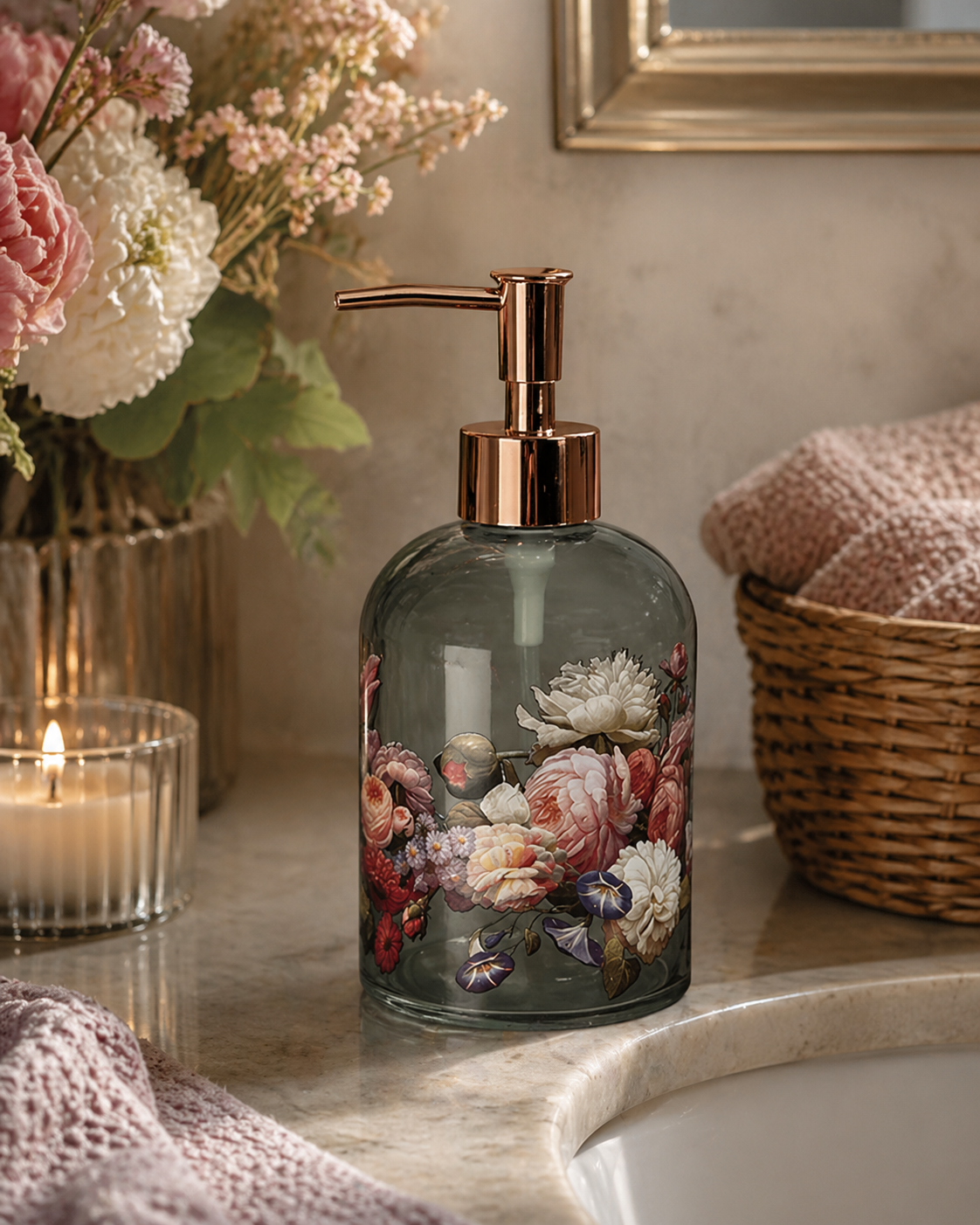 Sæbedispenser med dekoration 450 ml.