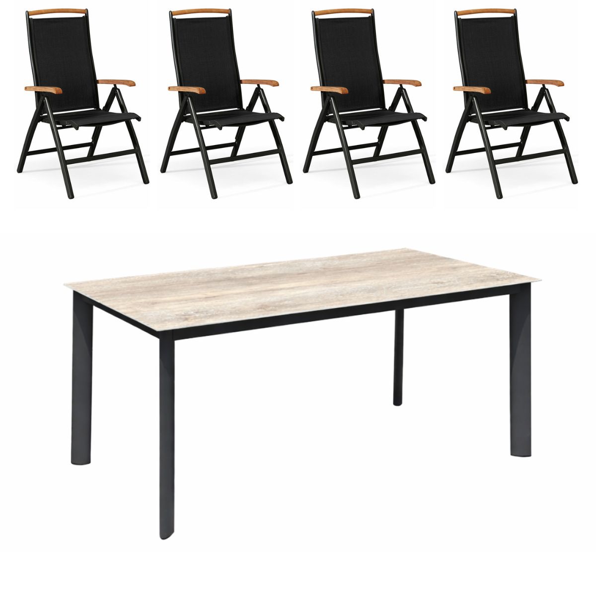 Vedbæk bord 150x90 cm + 4 Nyborg positionsstole i sort og teak - Havemøbelsæt