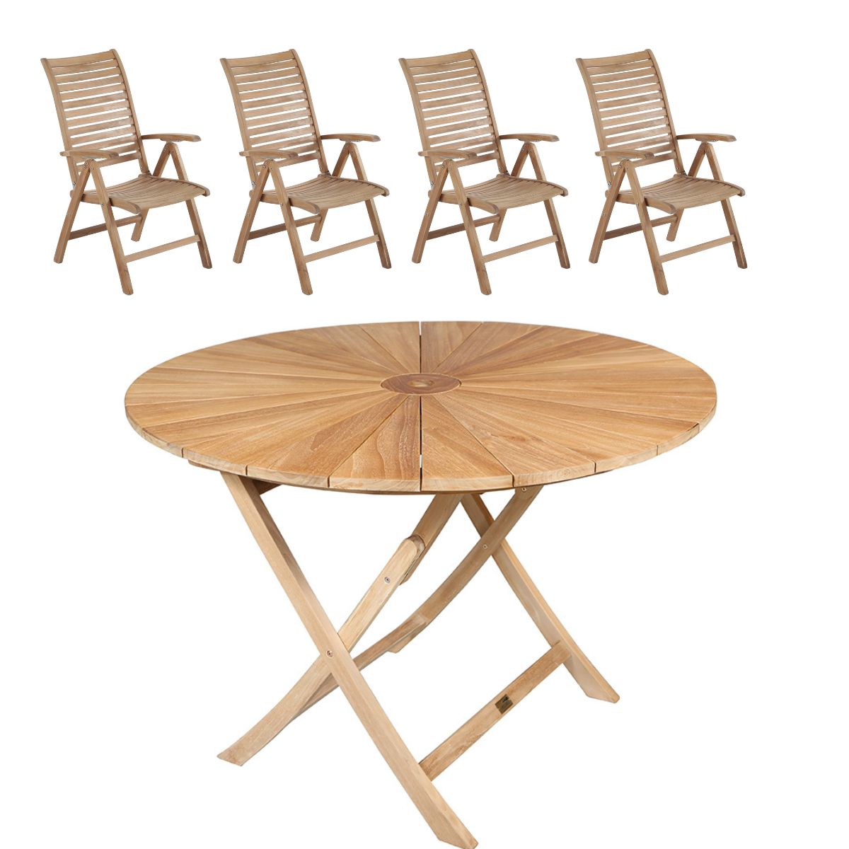 Havemøbelsæt - New York bord Ø 120 cm. og 4 Bruxelles stole i kerneteak