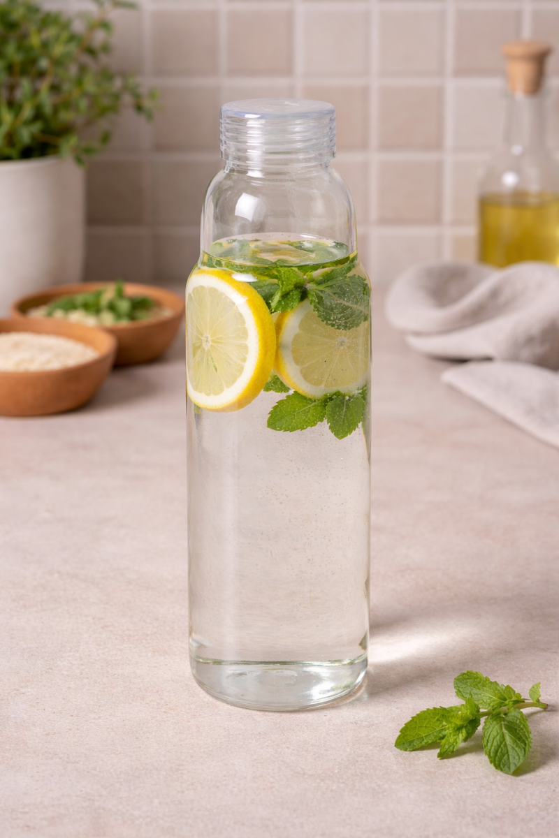 Vandflaske glas 1 liter med plast skruelåg 