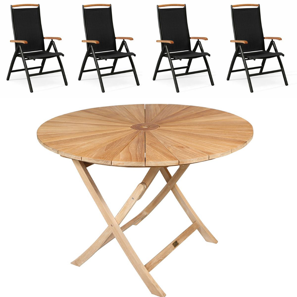 Havemøbelsæt - New York havebord Ø 120 cm. og 4 Nyborg stole kerneteak og textiline