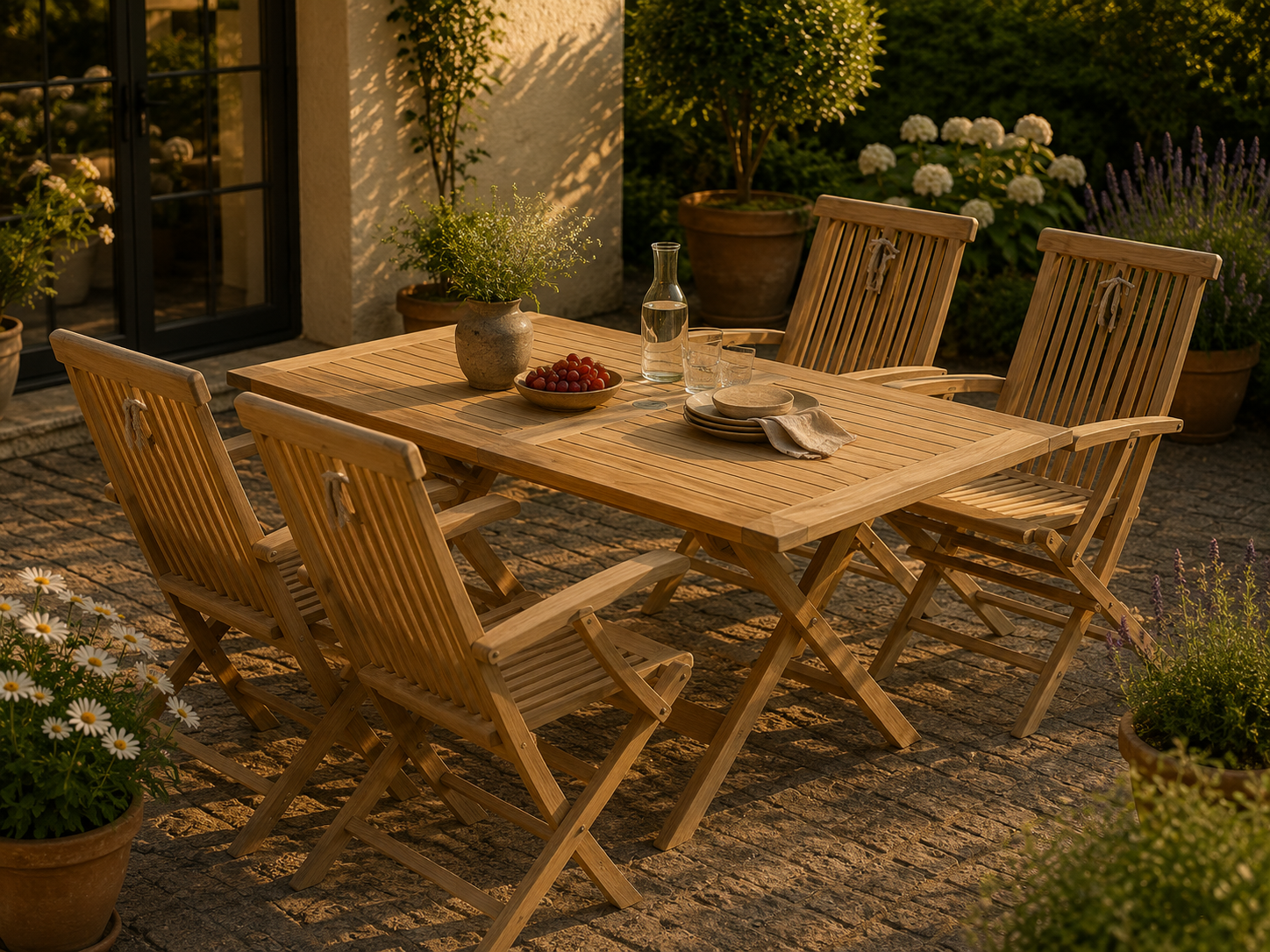 Houston bord 135x80 cm + 4 Houston foldestol med armlæn i classic teak - Havemøbelsæt