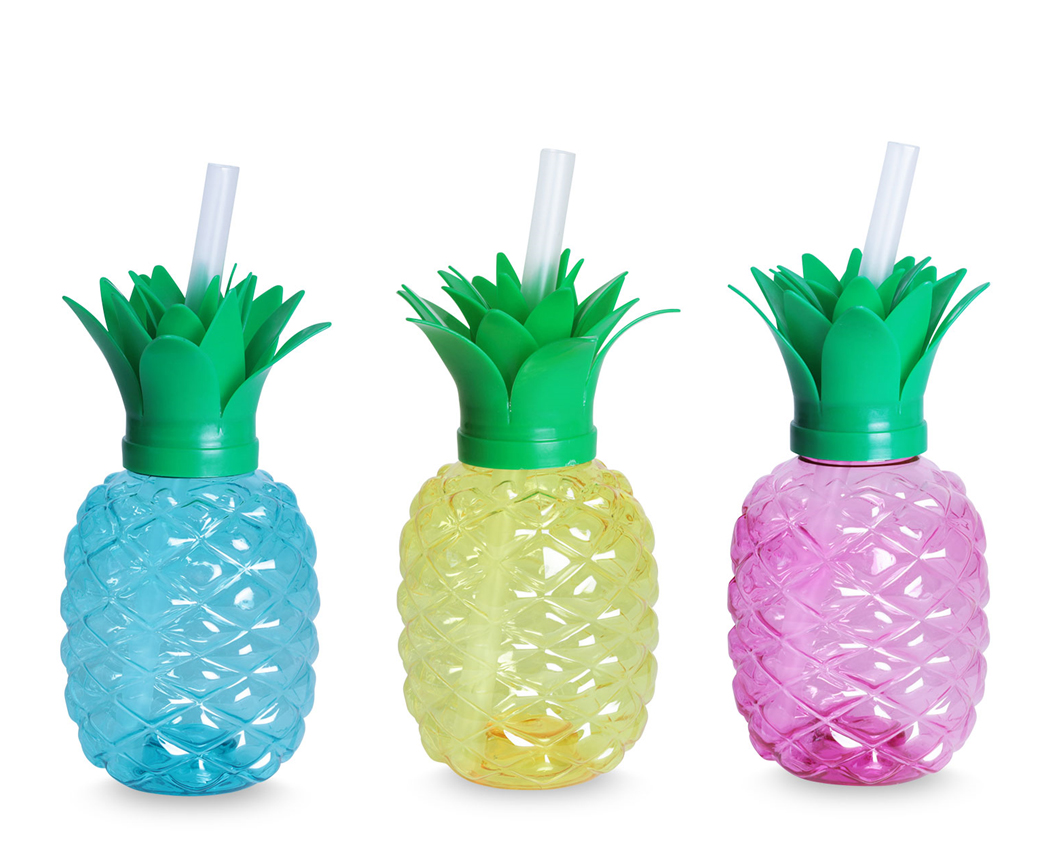 Sommerflaske med sugerør og LED lys 500 ml. assorteret ananas