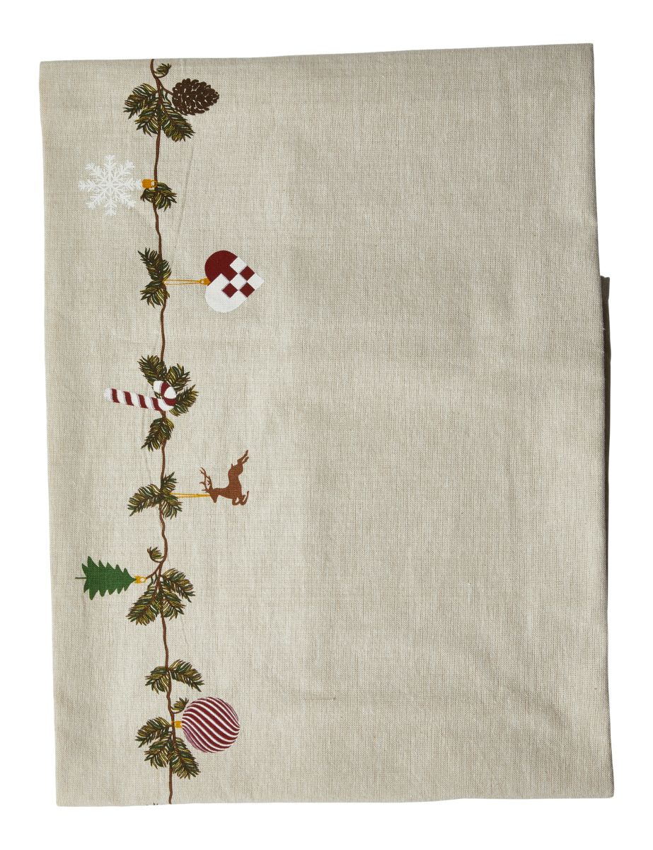 Juledug med print i sandfarvet bomuld 140x220 cm.