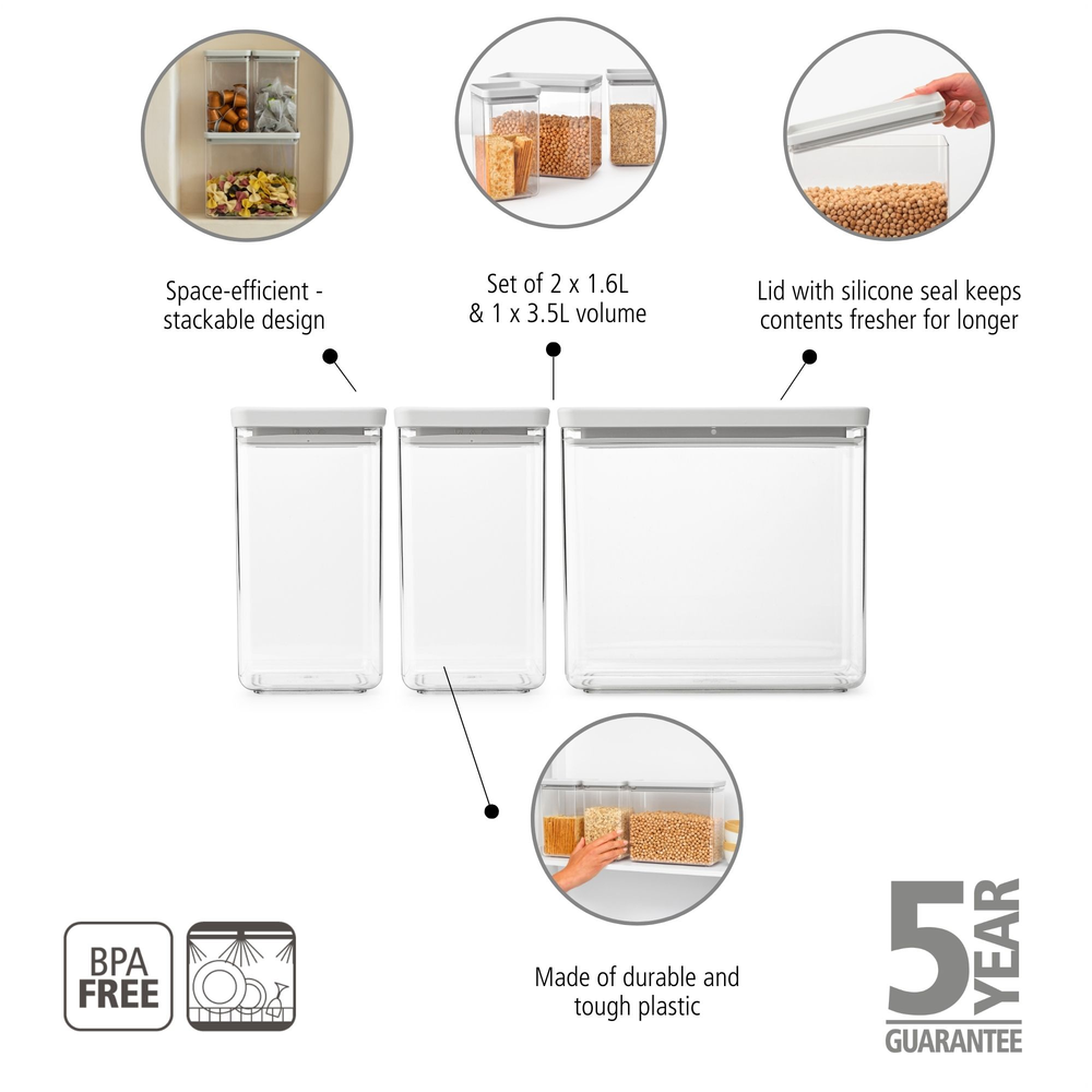 Brabantia Tasty+ Opbevaringssæt 3 dele 2 x 1,6L + 1 x 3,5L lysegrå