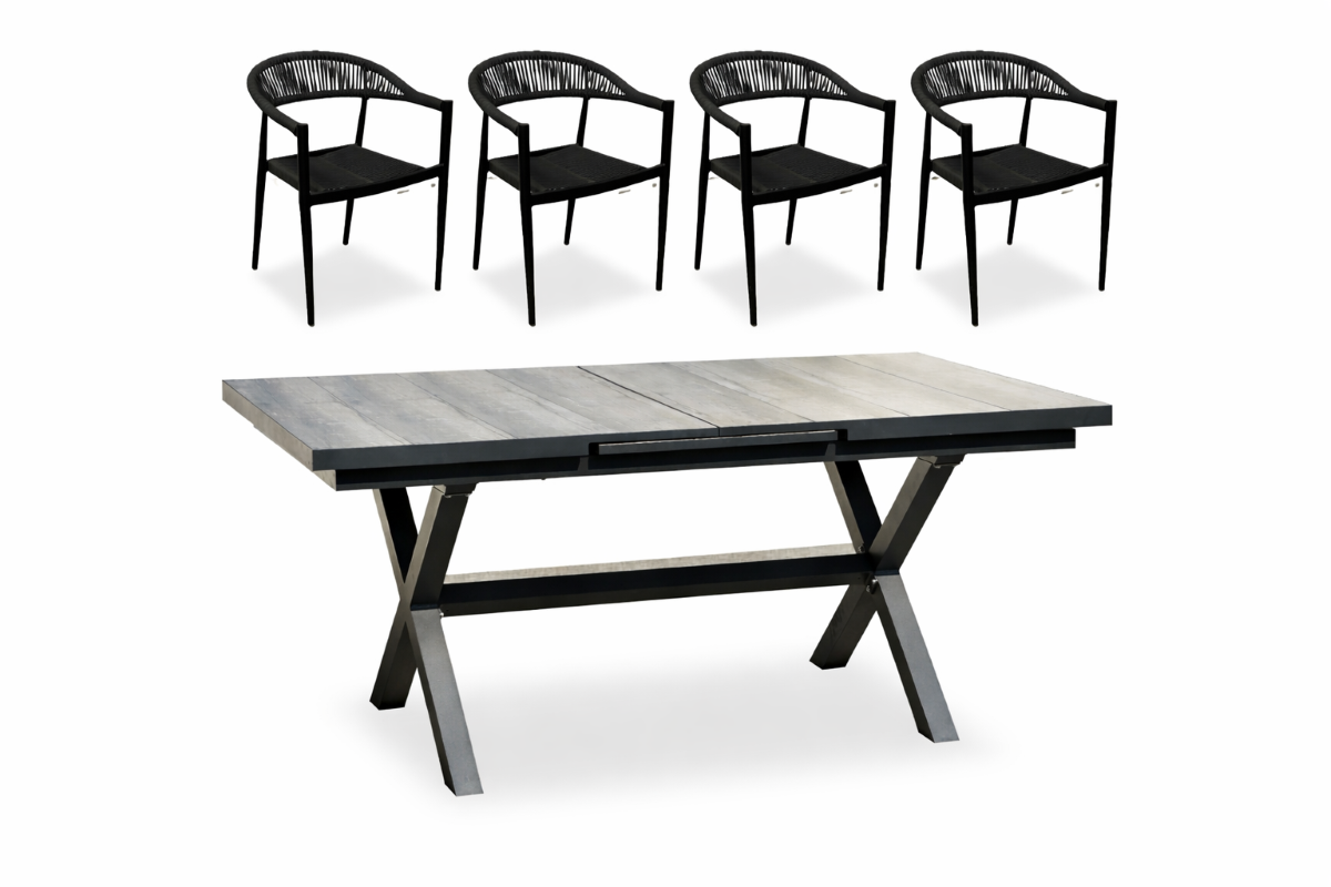 Havemøbelsæt - Læsø bord 90x163-214 cm. og 4 Kreta stabelstole inkl hynder