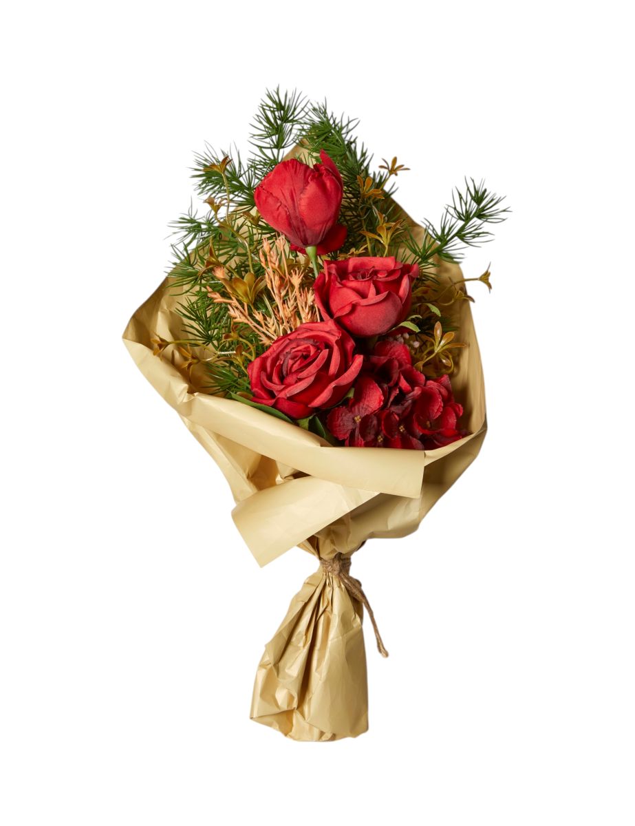 Buket Hortensia/Rose/Gran 55 cm. rød