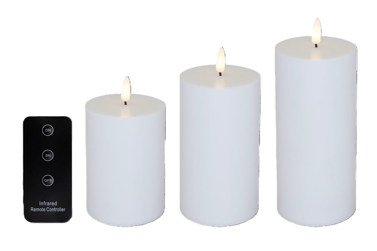 LED Bloklys sæt m/3 stk. Ø7 H10+12+15 cm. Hvid inkl fjernbetjening