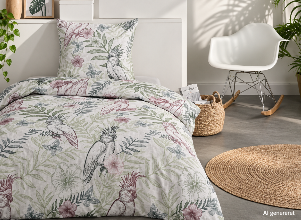 Premium Quality Sengetøj 140x200/63x63 cm papegøje og blomster grøn/blå/lyserød